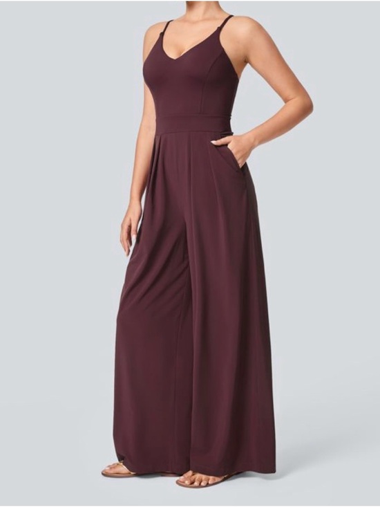 Halara Breezeful Side Zip Wide Leg Quick Dry Jumpsuit Amaranth Burgundy Medium - Picture 2 of 11